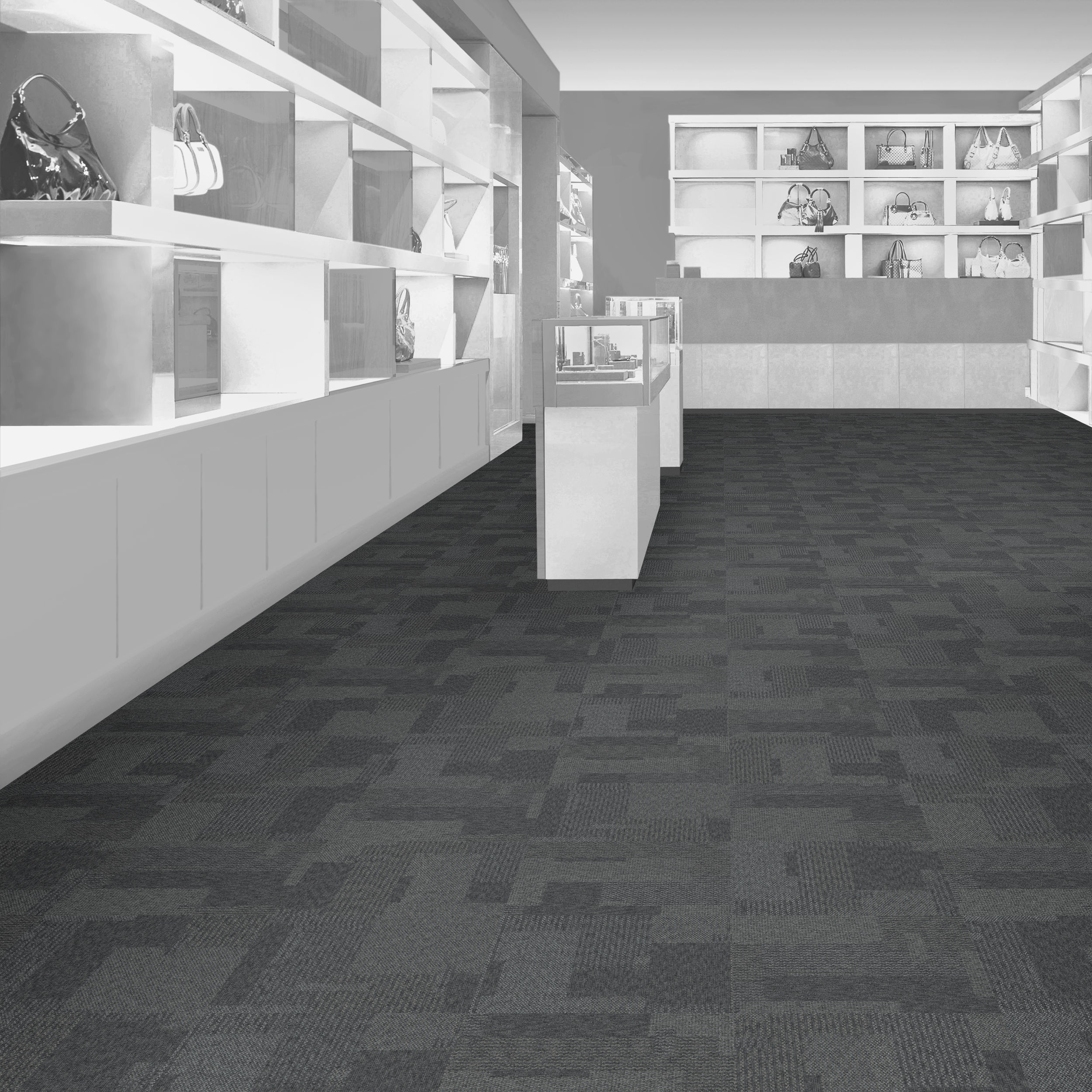 Gabbro Transformation Carpet Tile in commercial store.