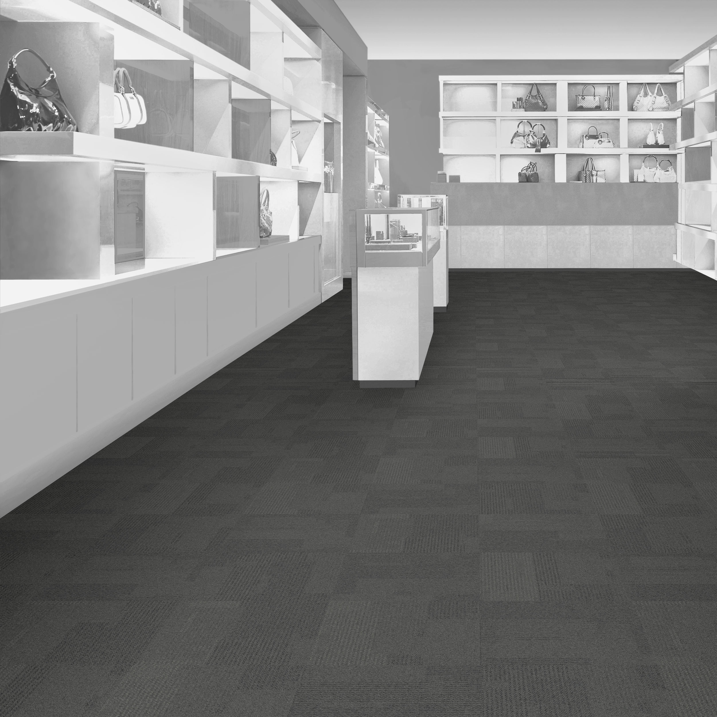 Pewter Transformation Carpet Tile in commercial store.