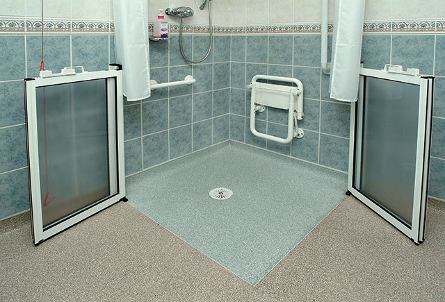 Polyflor Polysafe Hydro used in disabled wet room to prevent slipping.