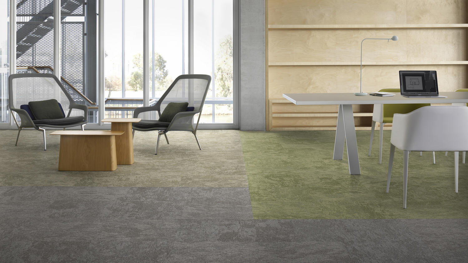 Desso Desert Carpet Tile used in large open commercial office space, in grey and green tones