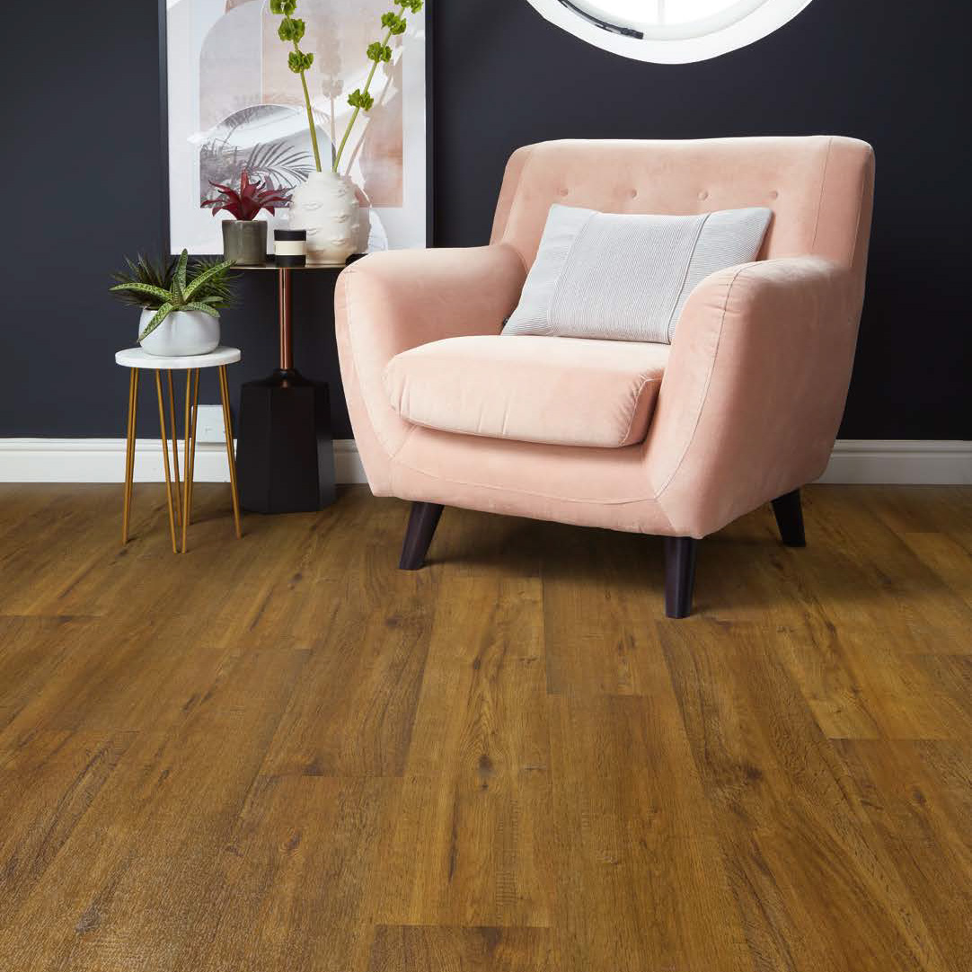 SO Flooring Products Adamo Edwardian Oak used in living room with chair and flowers